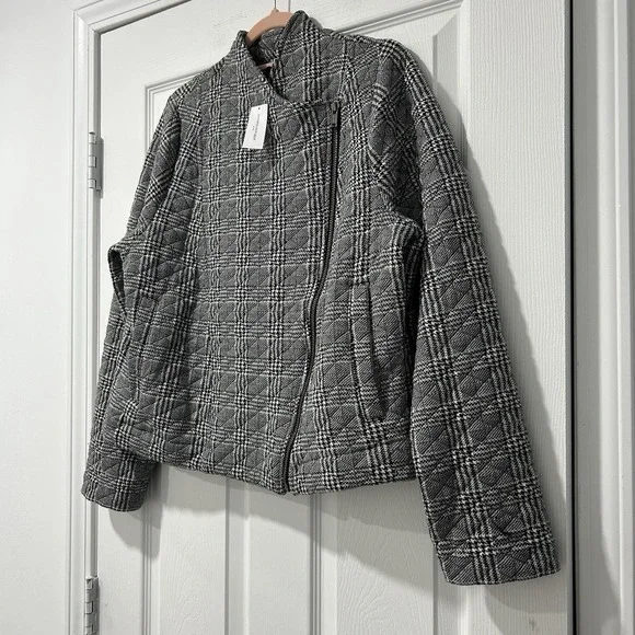 Banana Republic Women's Size XL Asymmetrical Quilted Moto Jacket Black and White - Picture 2 of 8